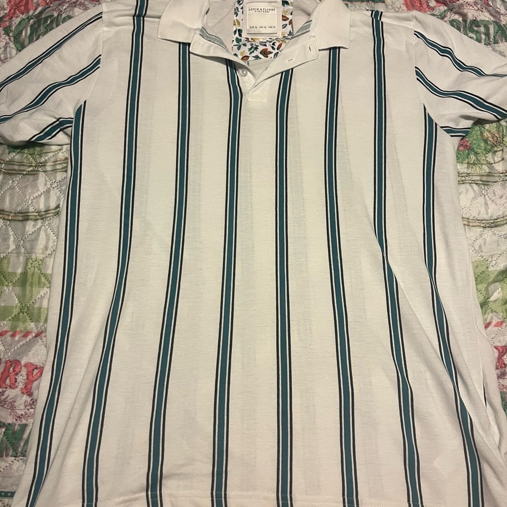 Denim & Flower White and Blue Striped Polo Shirt